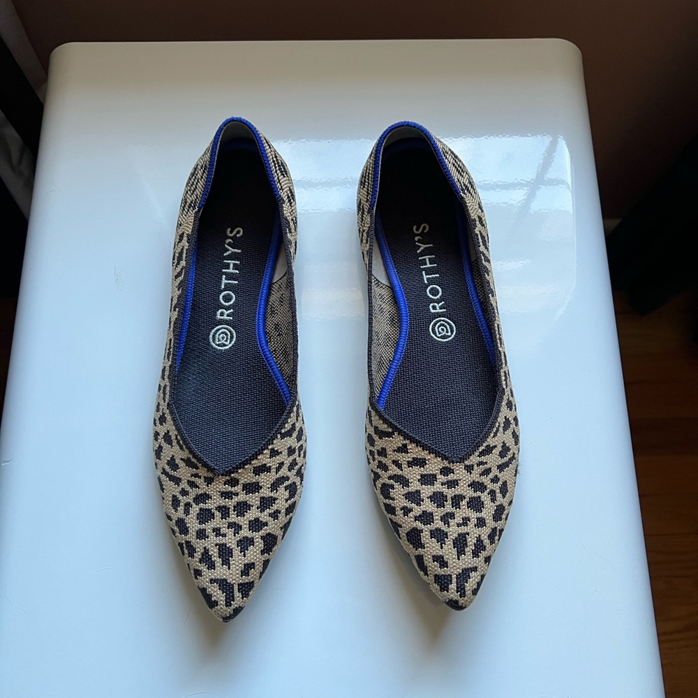 Rothy's Leopard Print Pointed Toe Flats in Tan and Black